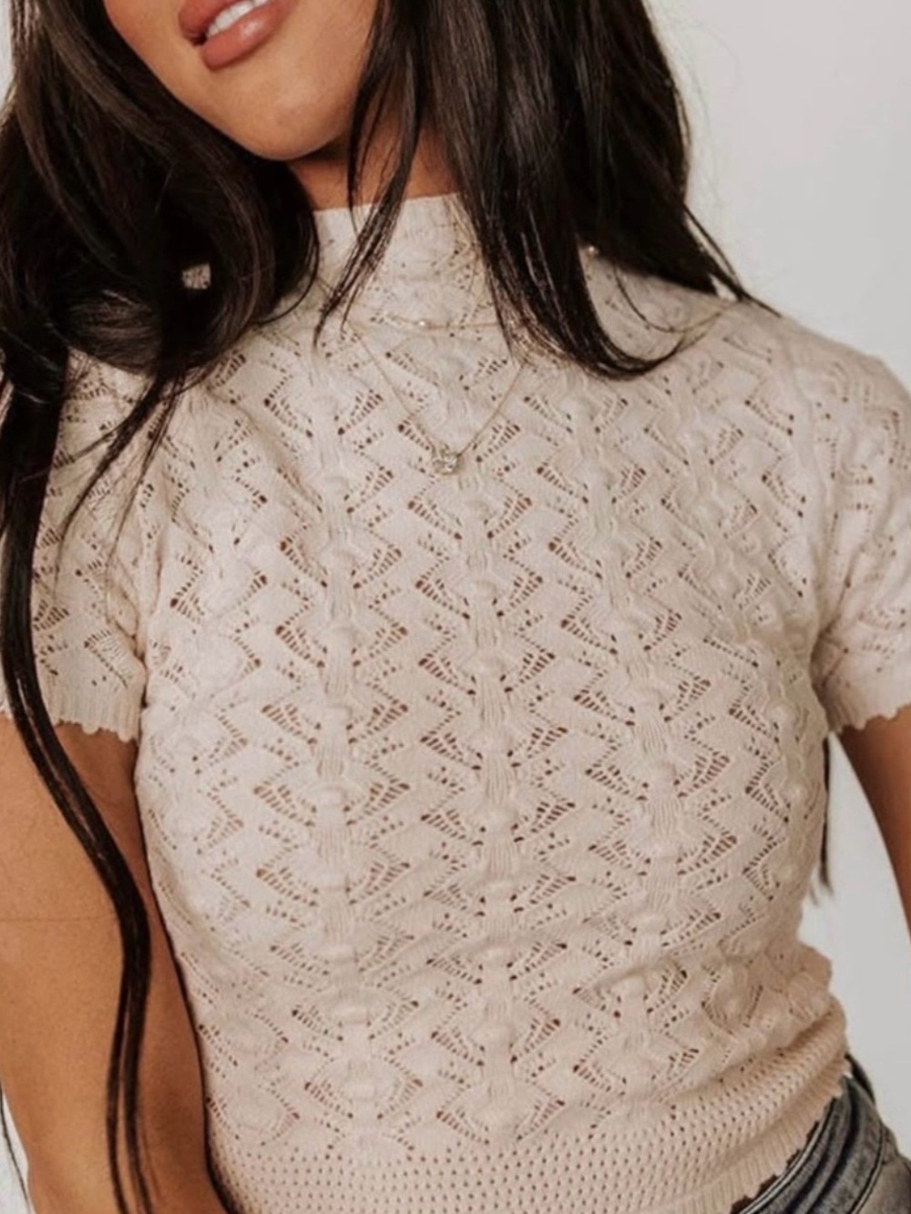 Cream Short-Sleeve Knit Top with Mock Neck